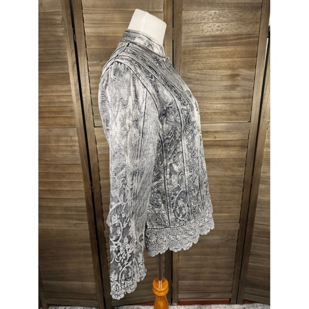 Flashback Gray Acid Wash Embroidered Floral Crochet Lace Trim Jacket Women Small - Picture 7 of 9